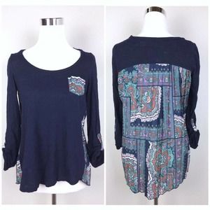 Anthropologie Paper Locket Accordion Tee Shirt Paisley Pleated Back Top Size XS‎
